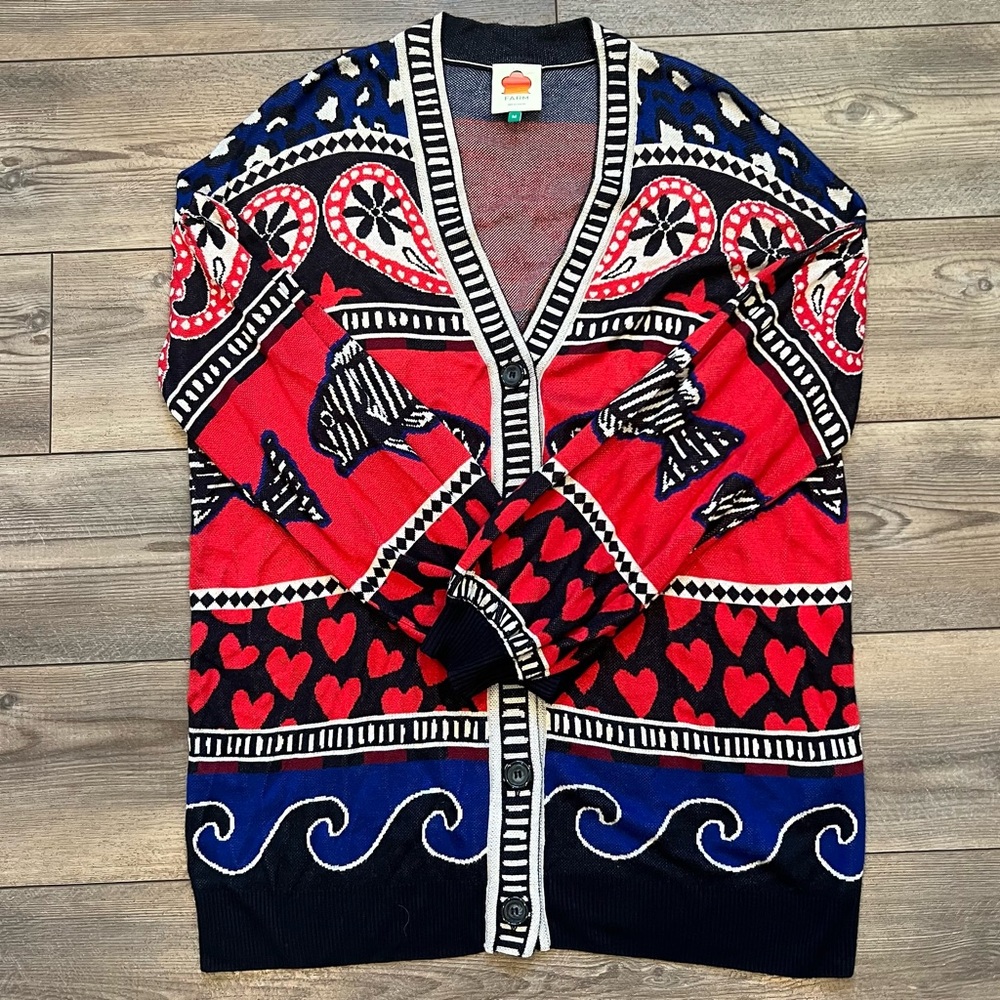 FARM Rio Navy Mixed Prints Knit Cardigan Oversized Medium